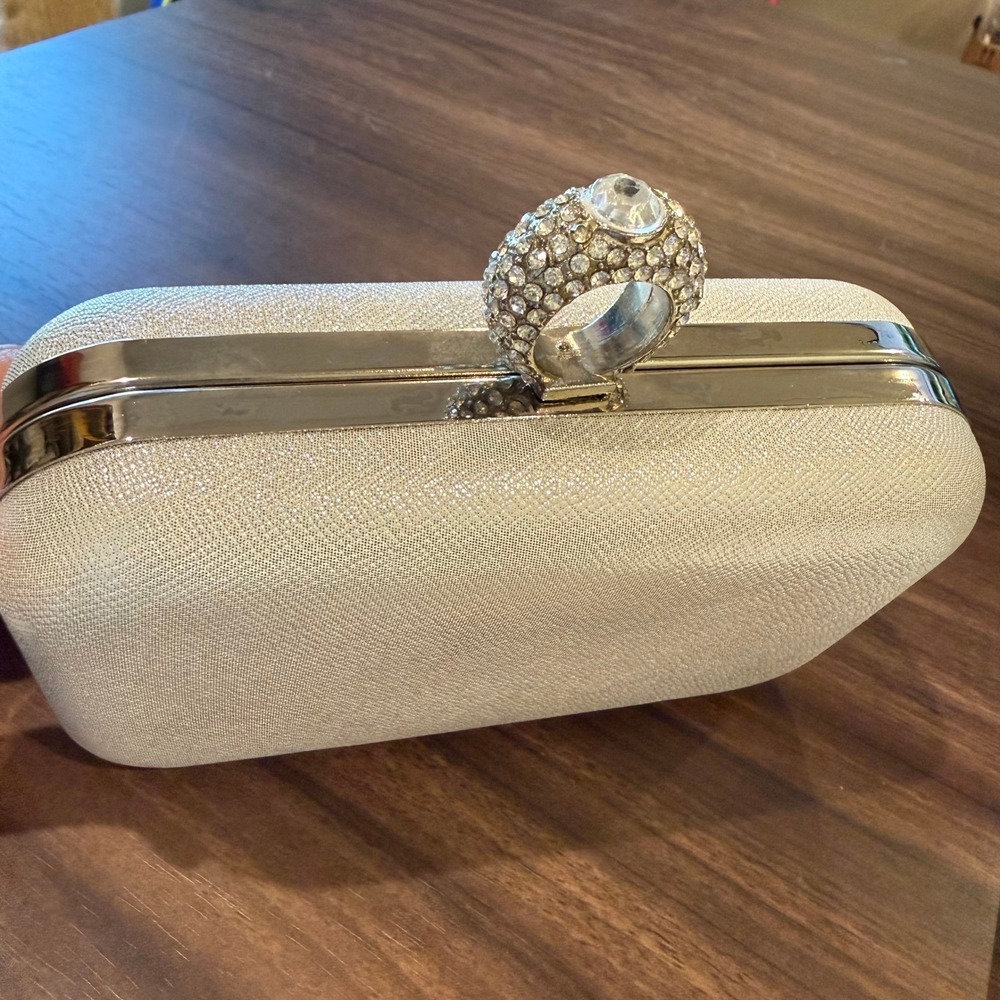 Silver Glitter Minaudière Evening Clutch Jeweled Ring Handle Formal Purse